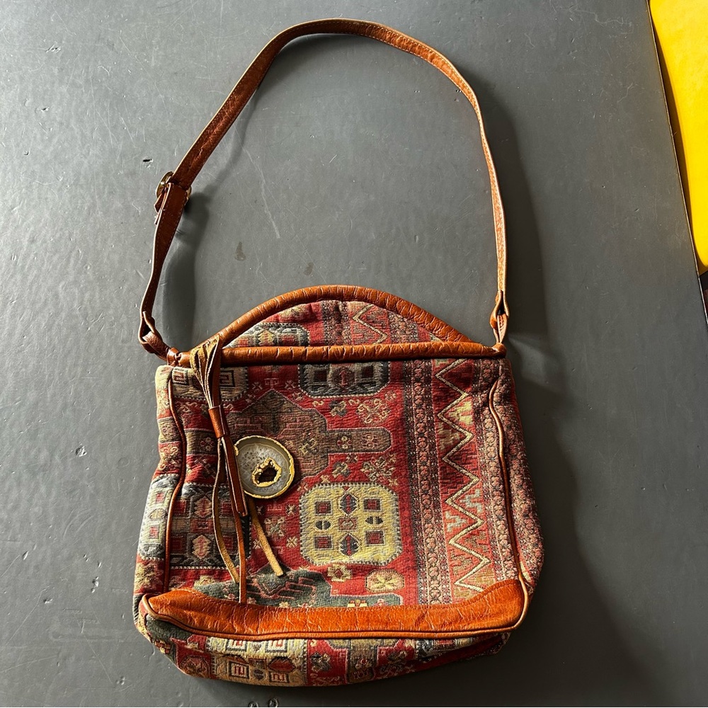 Brown and Tan Patchwork Shoulder Bag with Adjustable Strap